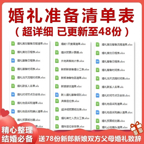 结婚婚前婚礼流程准备筹备必备物品采购清单日程安排表格资料